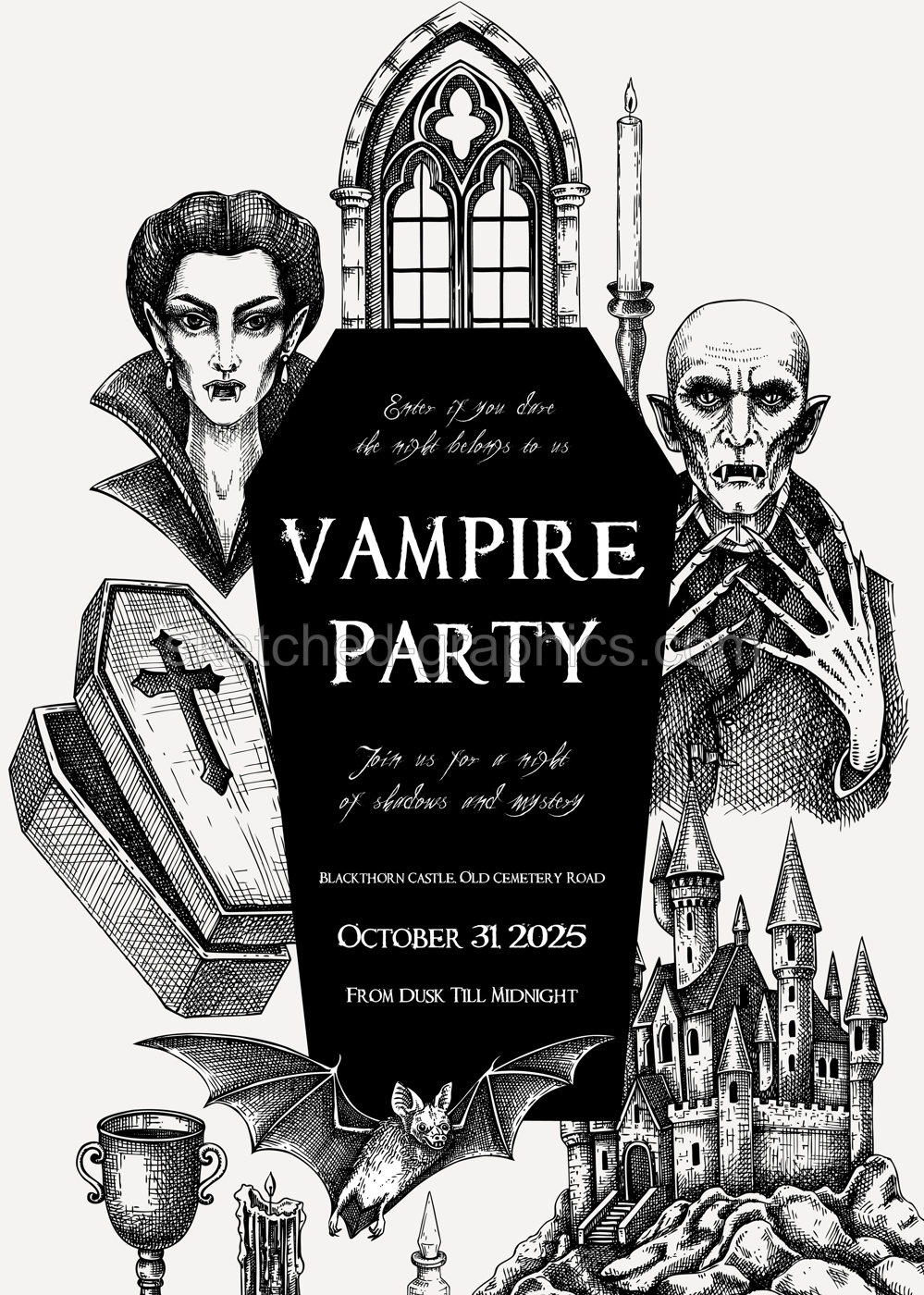 Vampire party invitation design. Halloween hand drawn vector illustration. Gothic flyer template, vinatge card print. NOT AI generated Illustration